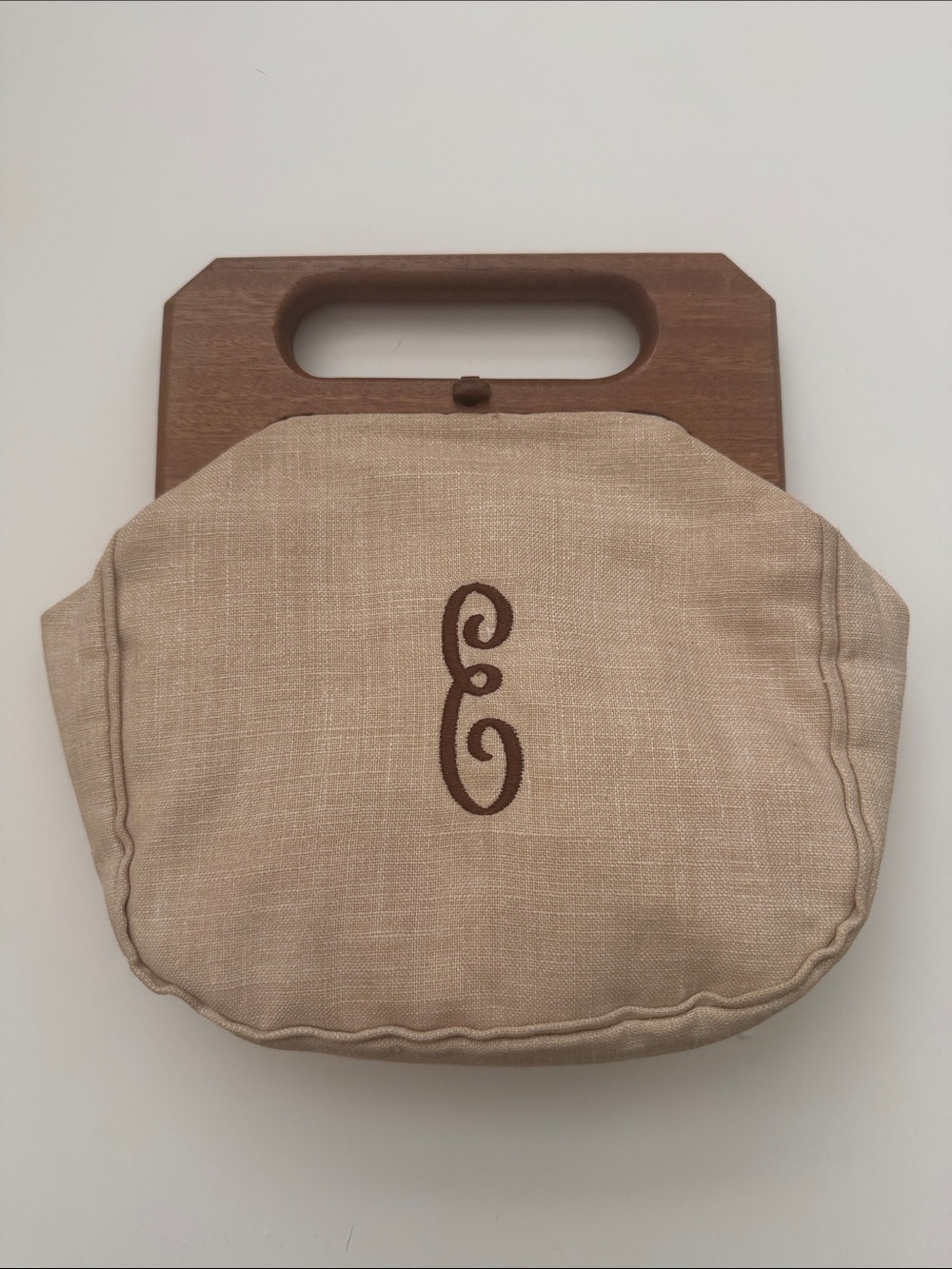 Vintage Bermuda bag  Linen  with Wooden Top Handle and letter E monogram
